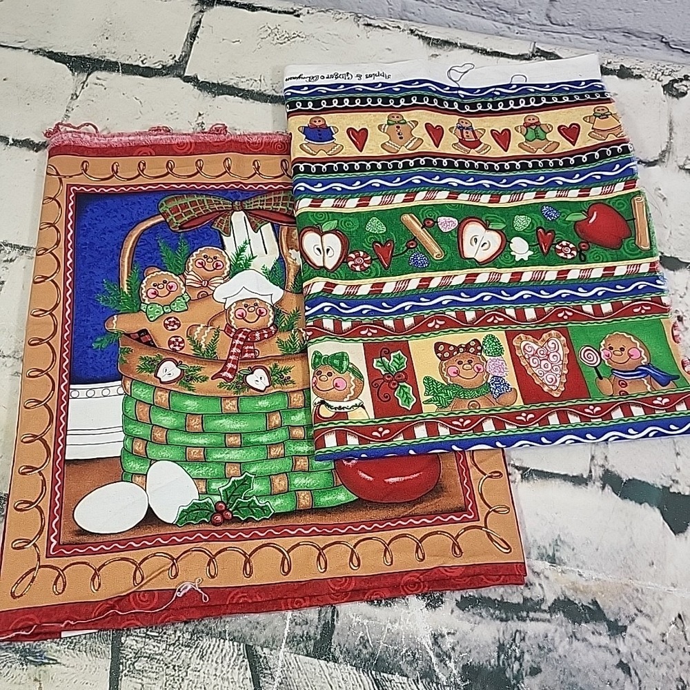 Vintage Apples And Ginger Christmas Print Fabric Lot 2pcs Panels And Stripes